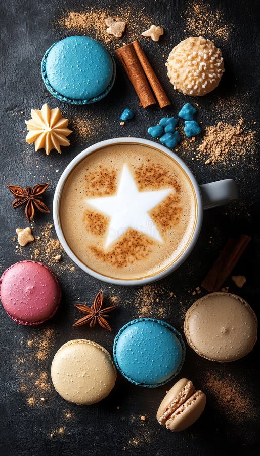 Kawa aromatyczna sztuka latte z kolorowymi makaronami i posypkami cynamonowymi royalty ilustracja
