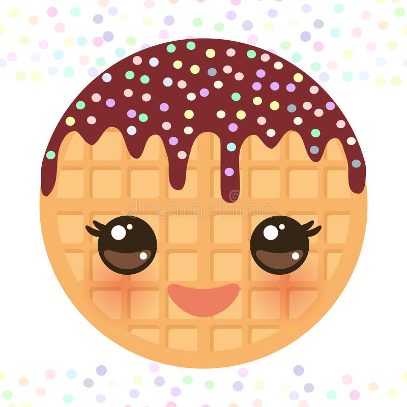 Kawaii Belgium round waffles with pink cheeks and eyes, pastel colors on white background. Vector illustration