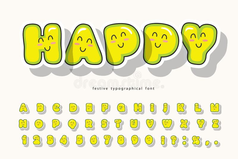 Kawaii Bubble Font with Funny Smiling Faces. Cute Cartoon Alphabet ...