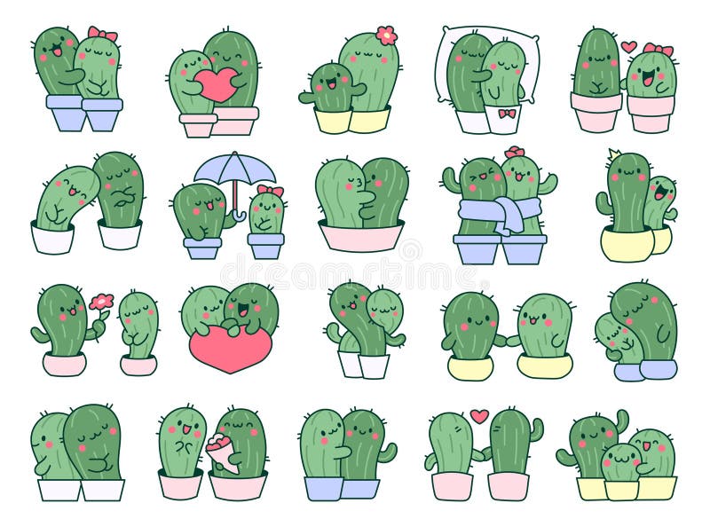 Kawaii cactus hug. 'cartoon cacti'-par i kärlek royaltyfri illustrationer