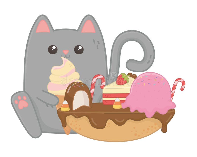 Kawaii of Cat Cartoon with Cake Design Stock Vector - Illustration of