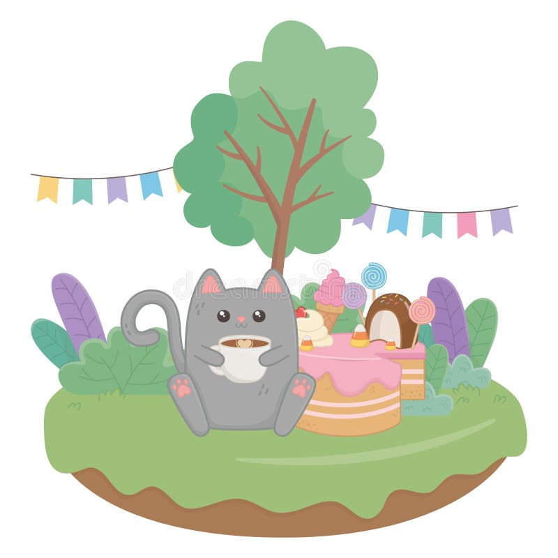 Kawaii Cat with Happy Birthday Cake Design Stock Vector - Illustration