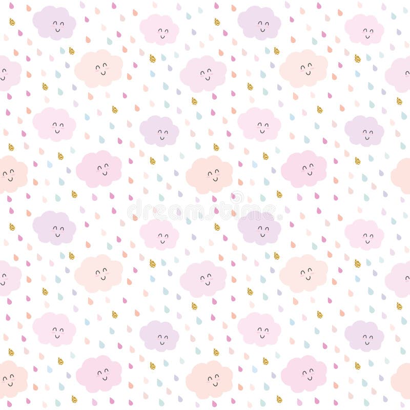 Kawaii Clouds and Drops Pattern Background in Pastel Pink and Glitter. Cute  Cartoon Characters Stock Illustration - Illustration of funny, baby:  128018884