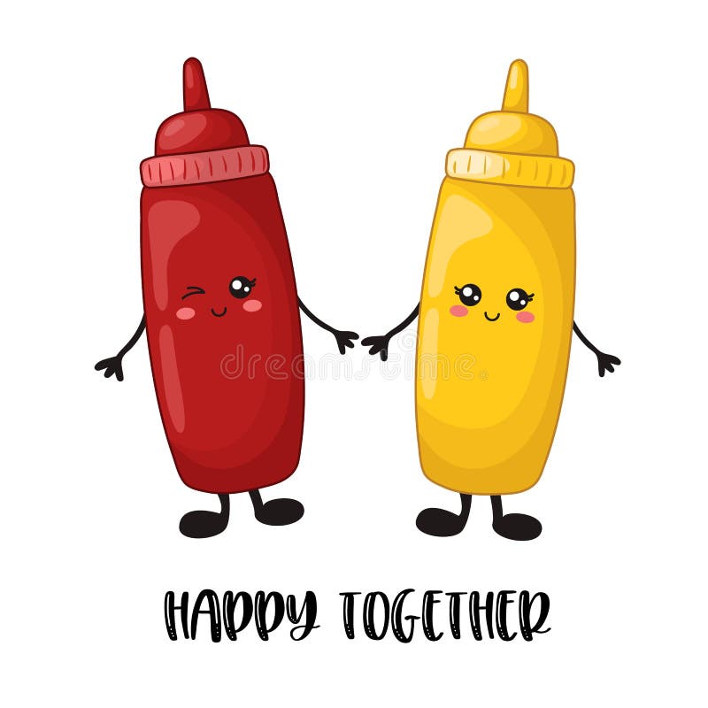 Cartoon kawaii food - pair of sauces for fast food - ketchup and mustard - on white background, card template with bottles. Text - happy together, cute characters. Vector flat illustration. Cartoon kawaii food - pair of sauces for fast food - ketchup and mustard - on white background, card template with bottles. Text - happy together, cute characters. Vector flat illustration