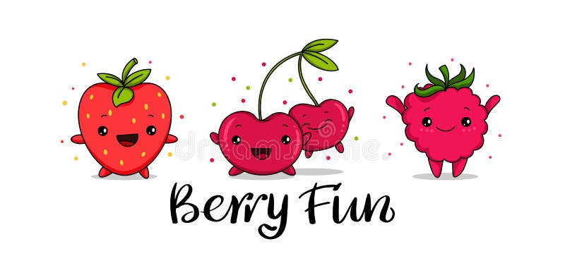 Kawaii conjunto de fresa, frambuesa y cereza divertida caricatura ilustración vectorial, adorable berry de verano sonriendo para