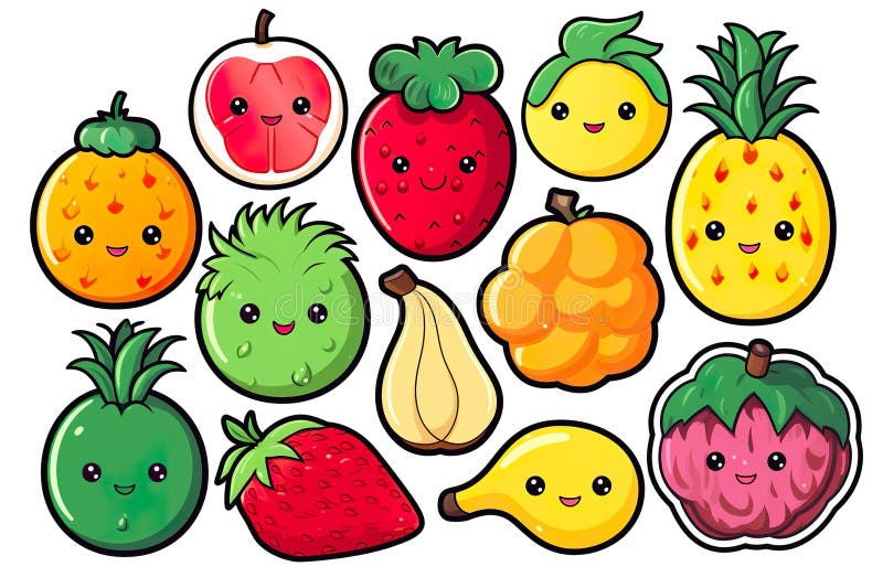 Kawaii Cute Fruits Sticker Image, in the Style of Kawaii Art, Meme