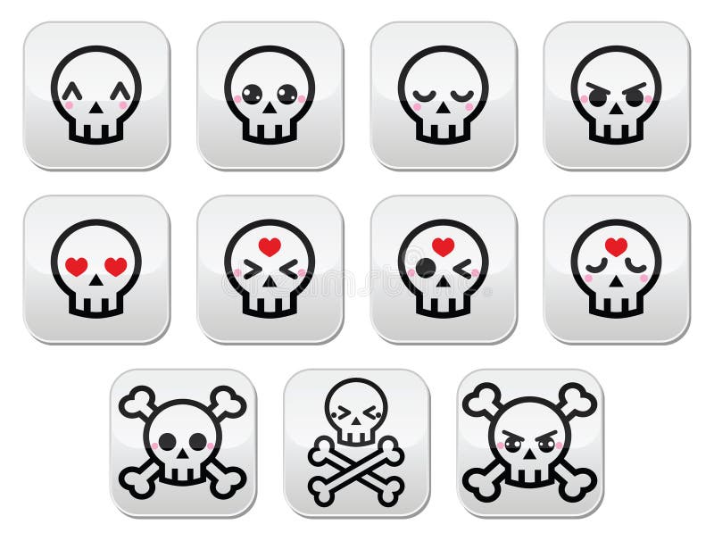 Kawaii Cute Halloween Skull Buttons Set Stock Illustration