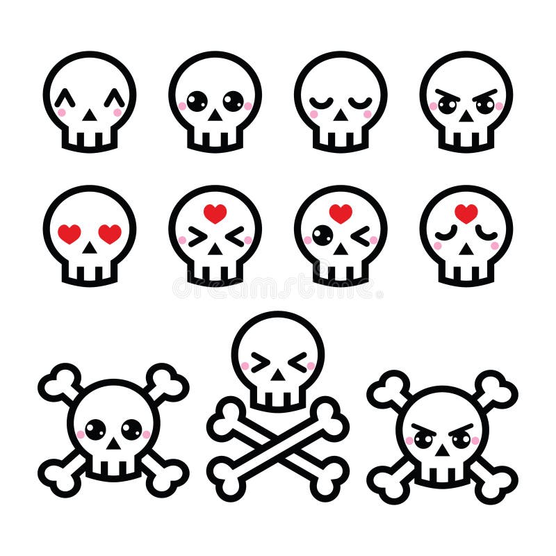 Kawaii Cute Halloween Skull Icons Set Stock Vector