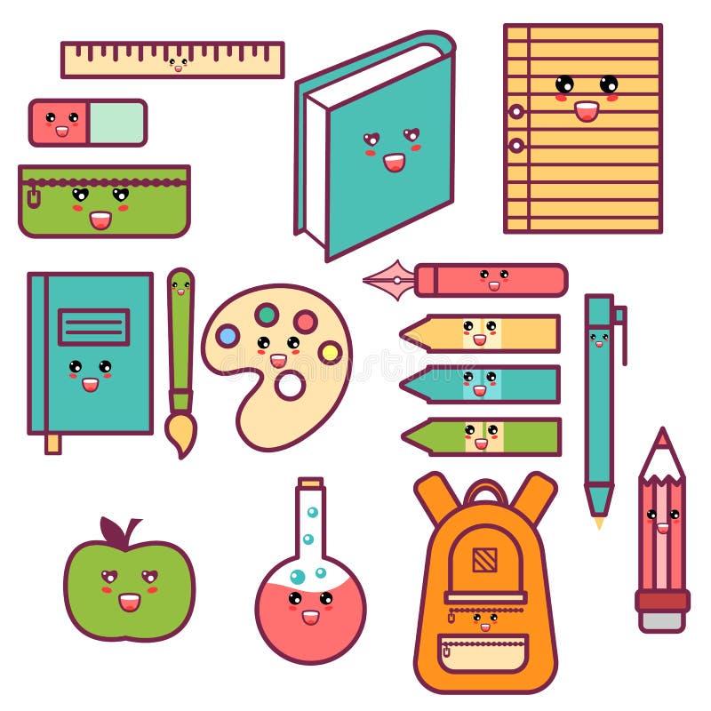 Kawaii Cute Happy School Supplies Set Stock Vector - Illustration of  backpack, flask: 98325529