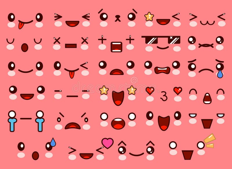 Kawaii cute smile emoticons and Japanese anime emoji faces expressions. Vector cartoon style comic sketch icons set