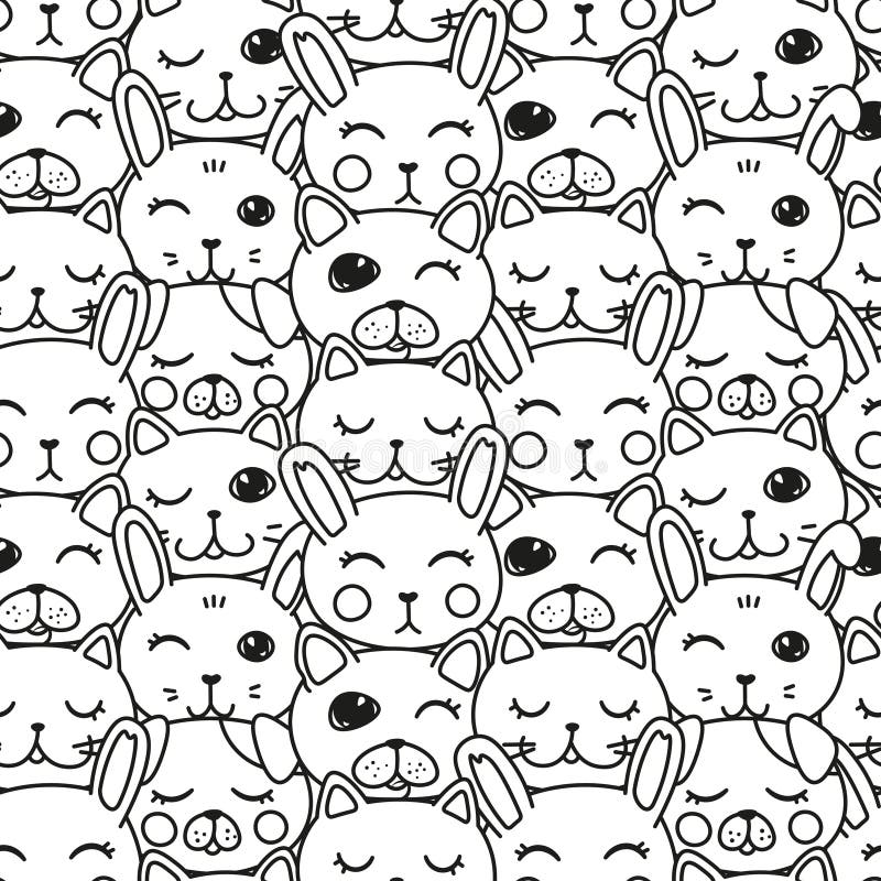 Kawaii Doodle Pets Black and White Seamless, Cute Domestic Animals, Lovely  Cartoon Drawing Cat, Dog, Puppy, Bunny, Editable Vector Stock Vector -  Illustration of character, kids: 172203480