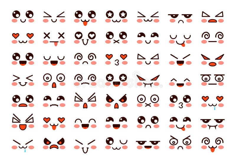 Kawaii faces. Cute cartoon emoticon with different emotions. Funny japanese emoji with eyes and mouth, comic expressions