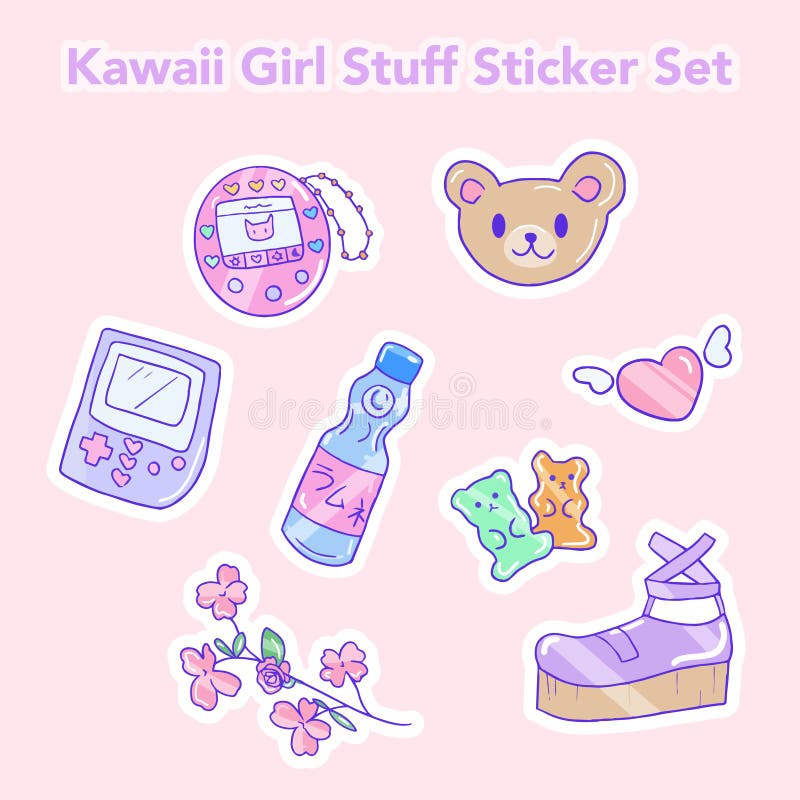 Kawaii girl walizki odizolowane naklejki zestaw 90s estetyczne japońskie dziewczyny słodkie ikony ilustracji