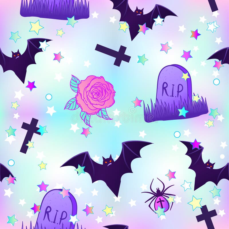 Kawaii funny spooky seamless pattern. Halloween wrapping paper background in neon pastel colors. Cute gothic style. Vanilla rainbow concept. Kawaii funny spooky seamless pattern. Halloween wrapping paper background in neon pastel colors. Cute gothic style. Vanilla rainbow concept.