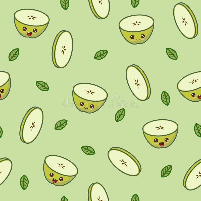 Kawaii Green Apple Pattern at Green Background Stock Vector ...