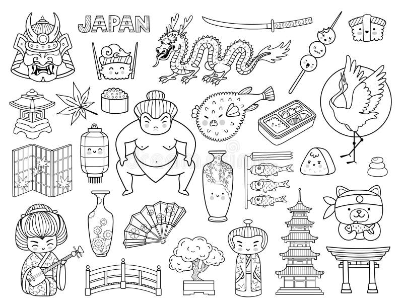 Set Of Kawaii Cartoon Japanese Stickers Kokeshi Doll Manekineko Carps  Origami Fuji Temple Sushi Manga Ginko Leaf Taiyaki Fish Collection Of  Vector Illustration Stock Illustration - Download Image Now - iStock