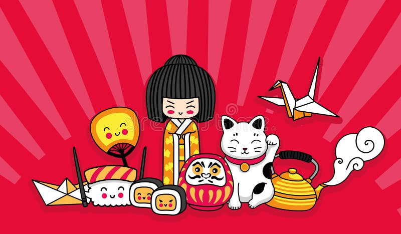 Set Of Kawaii Cartoon Japanese Stickers Kokeshi Doll Manekineko Carps  Origami Fuji Temple Sushi Manga Ginko Leaf Taiyaki Fish Collection Of  Vector Illustration Stock Illustration - Download Image Now - iStock