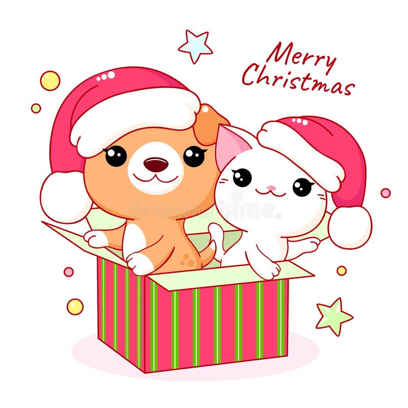 Kawaii Little Cat and Puppy in Gift Box. Merry Christmas Card Stock Vector - Illustration of love, december: 227456284 Kawaii Little Cat and Puppy in Gift Box. Merry Christmas Card Stock Vector - Illustration of love, december: 227456284