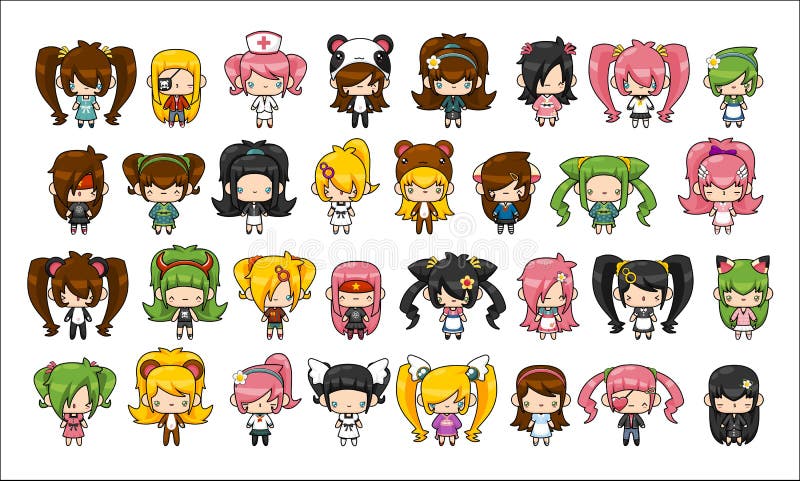 Collection of cute chibi girl in variety of costumes and hairstyles. Collection of cute chibi girl in variety of costumes and hairstyles