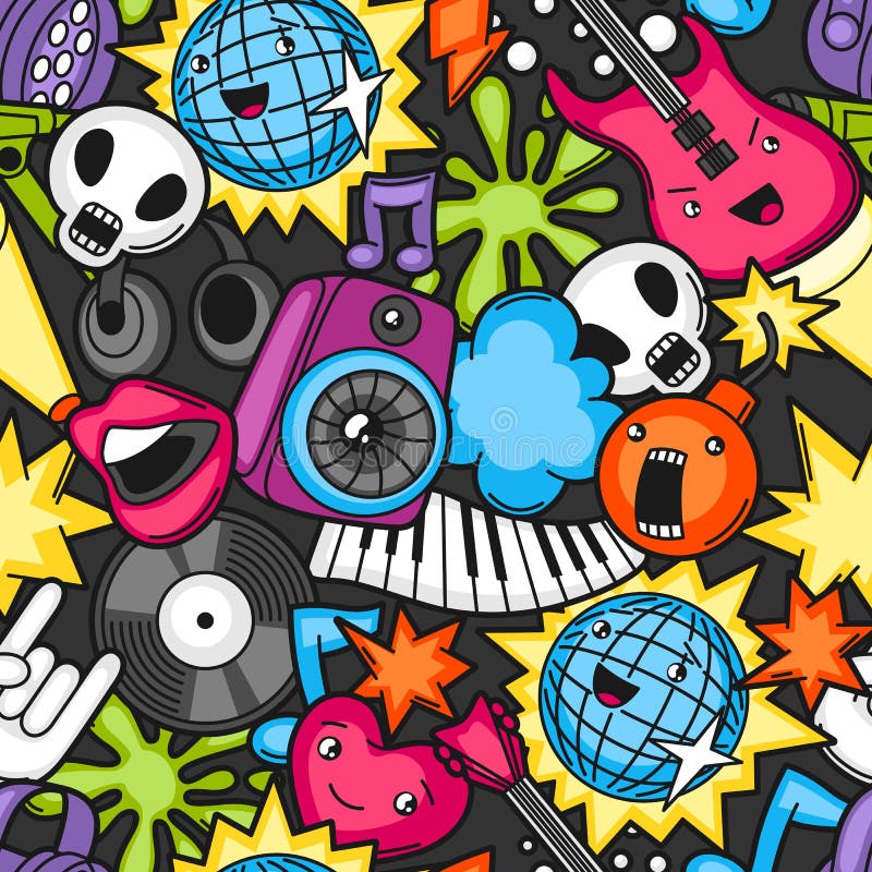Kawaii naadloos patroon van de muziekpartij Muzikale instrumenten, symbolen en voorwerpen in beeldverhaalstijl royalty-vrije illustratie Kawaii naadloos patroon van de muziekpartij Muzikale instrumenten, symbolen en voorwerpen in beeldverhaalstijl royalty-vrije illustratie