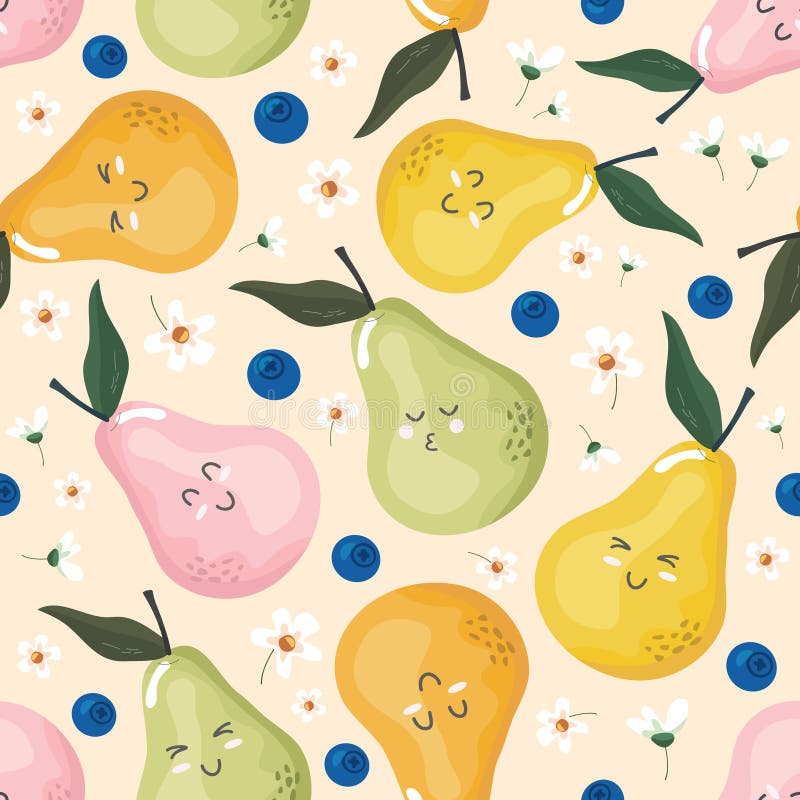 Kawaii pears seamless pattern for kids. Cute fruit characters background for textile, baby clothes, decorative paper