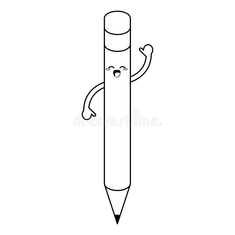 Kawaii Pencil Smiling Cartoon in Black and White Stock Vector ...