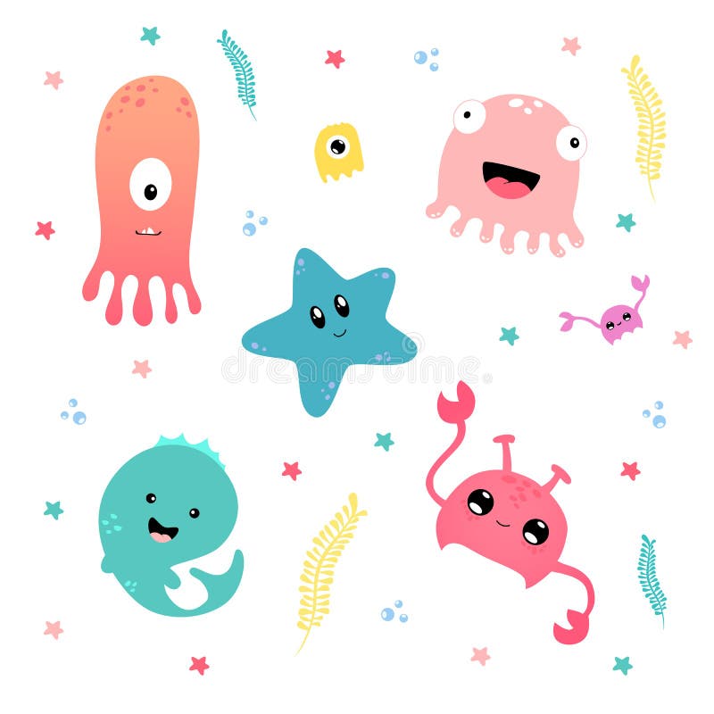 Kawaii sea â€‹â€‹creatures. fish, jellyfish, crab, stars, algae and bubbles