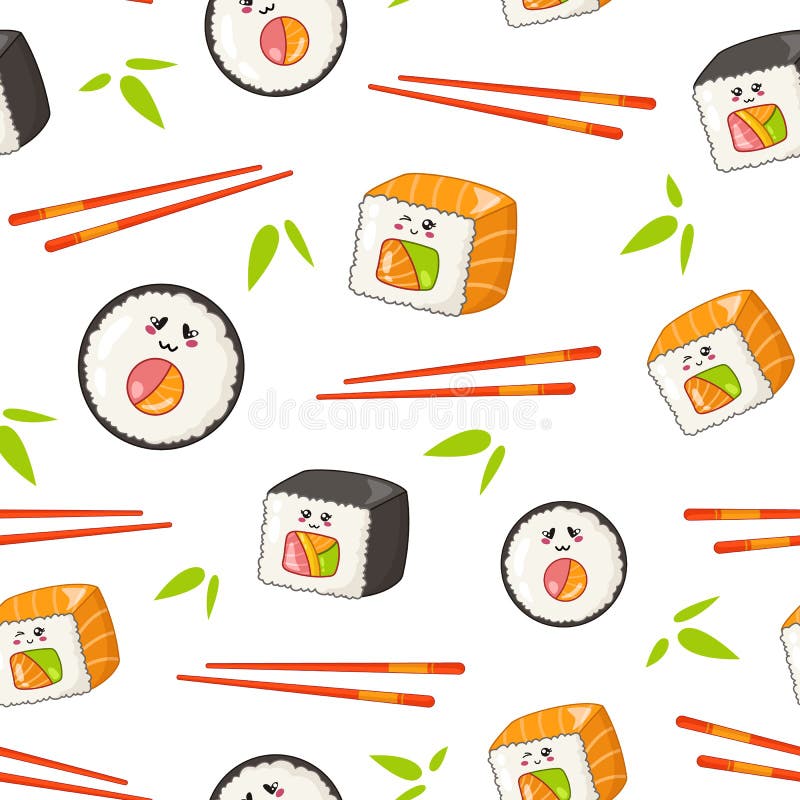 Kawaii Rolls And Sushi Manga Cartoon Set In Outline Stock Vector ...