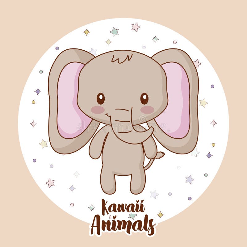 Kawaii-Tierdesign. Kawaii-Elefantikone über orange Hintergrund, buntes Design Auch im corel abgehobenen Betrag