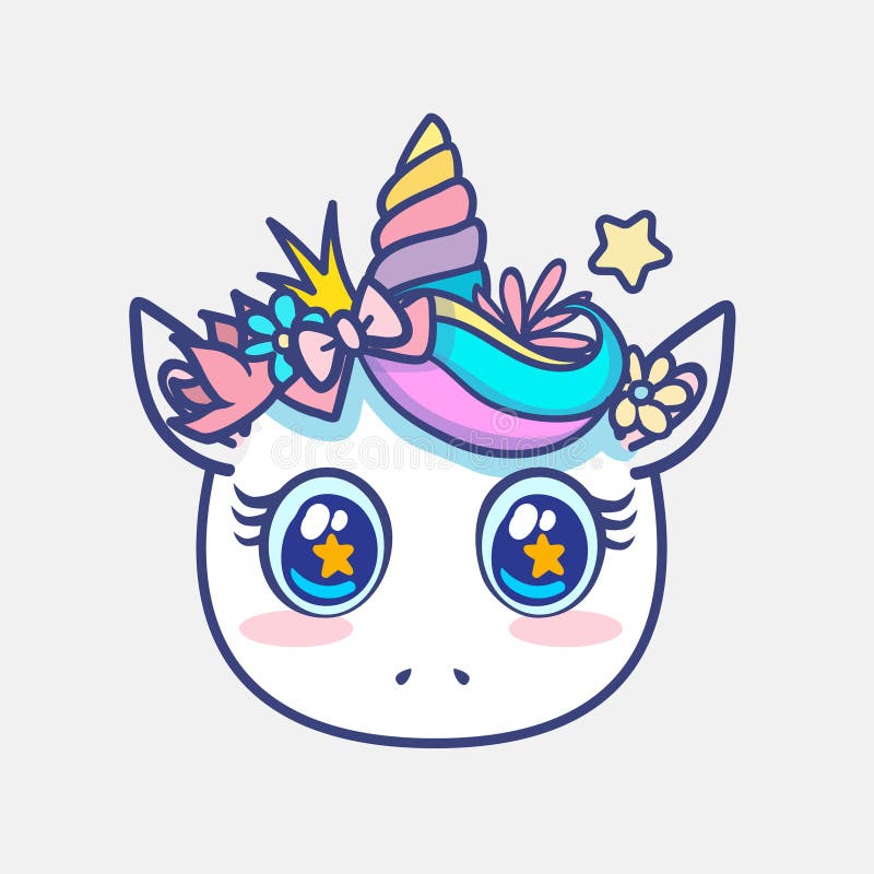 Kawaii unicorn-gezicht Cute karakter met grote animatiefilmen stock illustratie Kawaii unicorn-gezicht Cute karakter met grote animatiefilmen stock illustratie