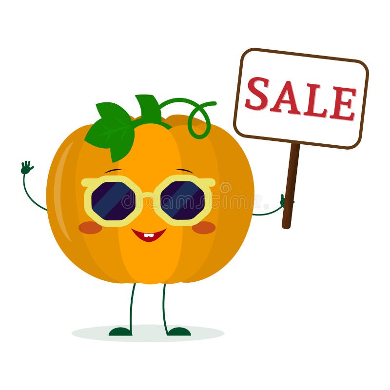 Kawaii vegetablecartoon śliczny dyniowy charakter trzyma sprzedaż znaka w okularach przeciwsłonecznych Logo, szablon, projekt wek royalty ilustracja Kawaii vegetablecartoon śliczny dyniowy charakter trzyma sprzedaż znaka w okularach przeciwsłonecznych Logo, szablon, projekt wek royalty ilustracja