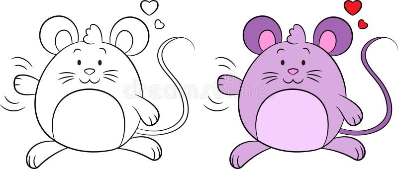Kawaii перед и после иллюстрацией мыши, развевая, с сердцами, контурит цвет, для книжка-раскраски, или карту Валентайн иллюстрация вектора