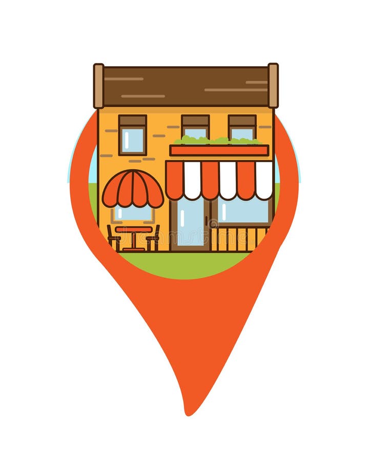 Kawiarnia i geolocation ikony płaski projekt Miastowy streetscape Kreskówki zewnętrzna architektura, turystyczny miejsce, fasada ilustracji Kawiarnia i geolocation ikony płaski projekt Miastowy streetscape Kreskówki zewnętrzna architektura, turystyczny miejsce, fasada ilustracji