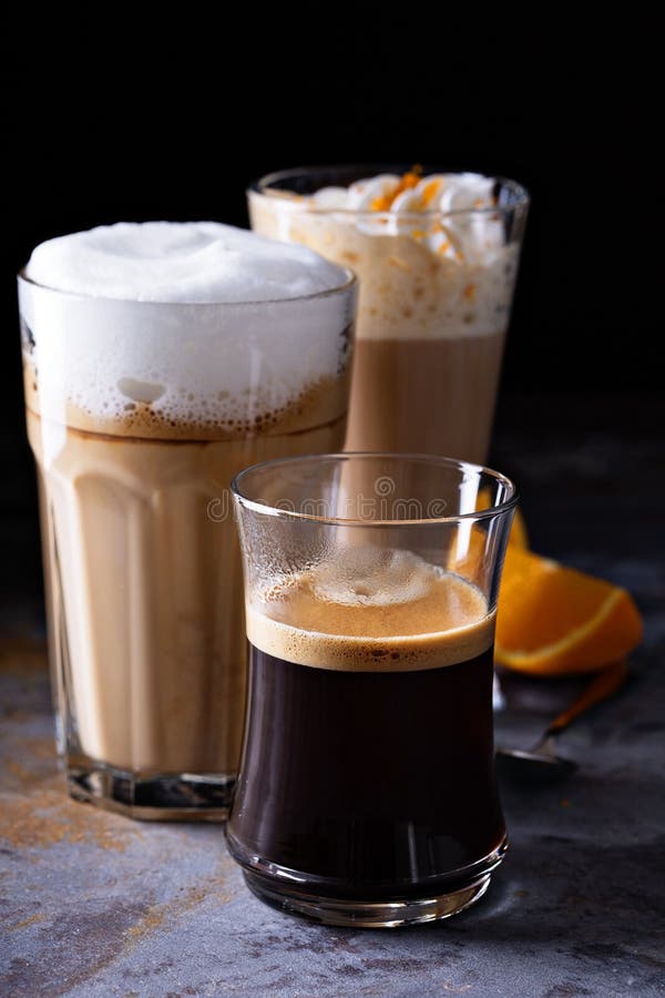 Kawowy latte, czarna kawa espresso i viennese kawa, obraz stock Kawowy latte, czarna kawa espresso i viennese kawa, obraz stock