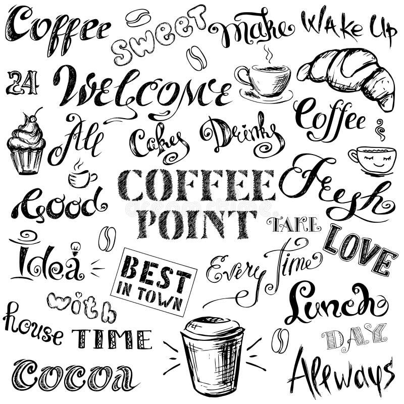 Kawowy literowanie i elementy ilustracja wektor