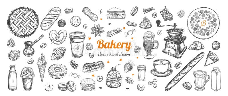 Kawy i piekarni wektorowa ręka rysująca, elementy ilustracja wektor Kawy i piekarni wektorowa ręka rysująca, elementy ilustracja wektor