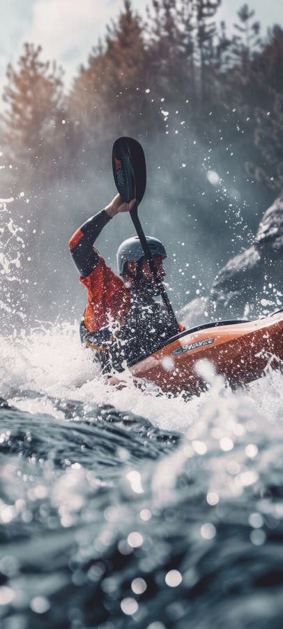 A Kayaker Navigating Rapid Waters Dynamic Water Spray Focus on Skill ...
