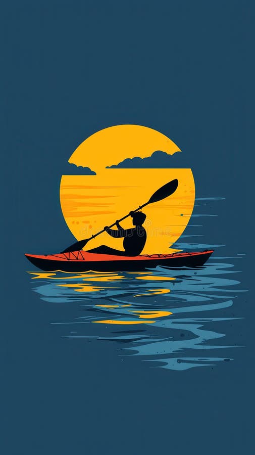 Kayaker silhouette against a glowing moonlit night stock illustration