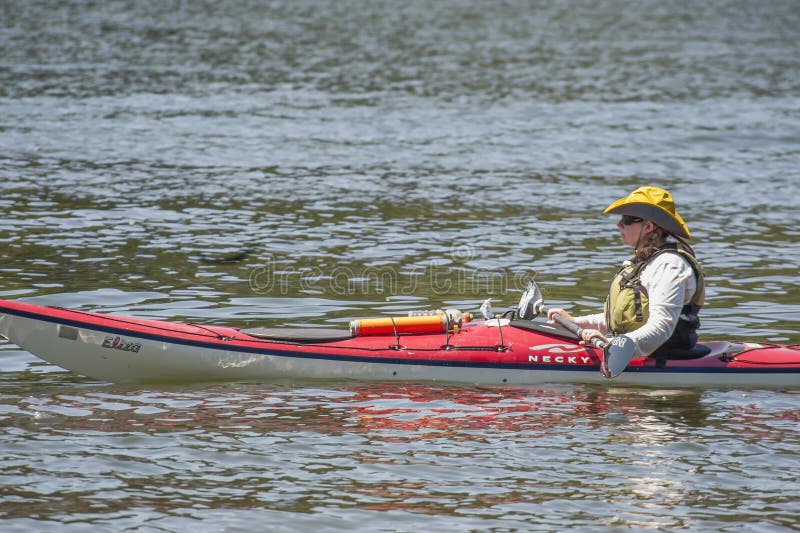 Kayaker on the Willamette River in Portland, Oregon. Portland, Oregon, USA - July 26, 2009: A kayaker on the Willamette River near the shores of Sellwood Park in royalty free stock photography Kayaker on the Willamette River in Portland, Oregon. Portland, Oregon, USA - July 26, 2009: A kayaker on the Willamette River near the shores of Sellwood Park in royalty free stock photography