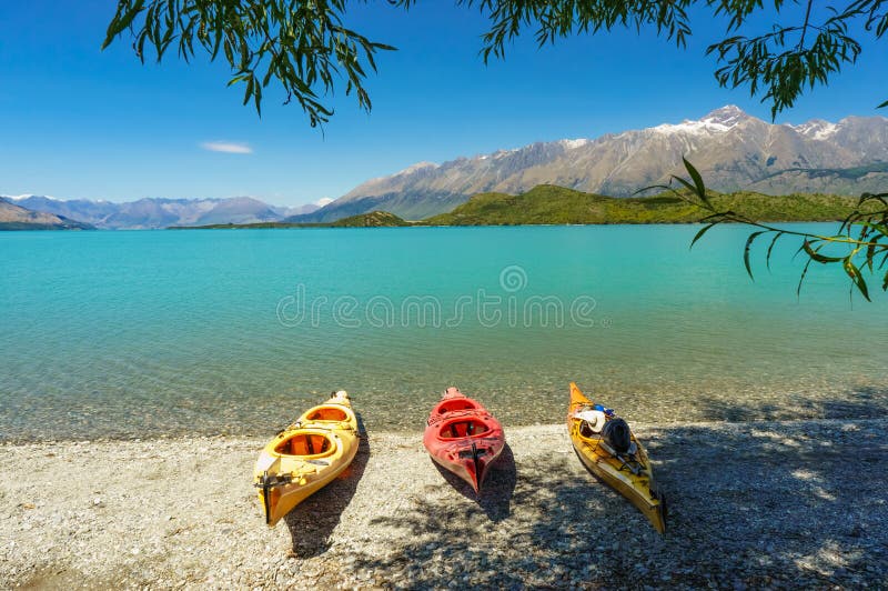 Kayaks on the Lake Wakatipu, Glenorchy, New Zealand. Kayaks on the Lake Wakatipu, Glenorchy, New Zealand