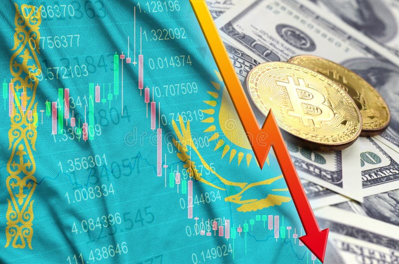 Kazachstan cryptocurrency i flagi spada trend z dwa bitcoins na dolarowych rachunkach royalty ilustracja