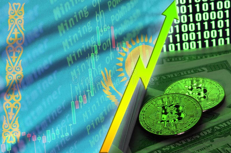 Kazachstan flaga i cryptocurrency dorośnięcie wykazujemy tendencję z dwa bitcoins na dolarowych rachunkach i binarnego kodu pokaz ilustracji