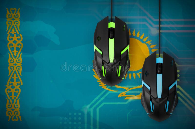 Kazachstan flaga i dwa myszy z backlight Online spółdzielni gry Cyber sporta drużyna ilustracja wektor