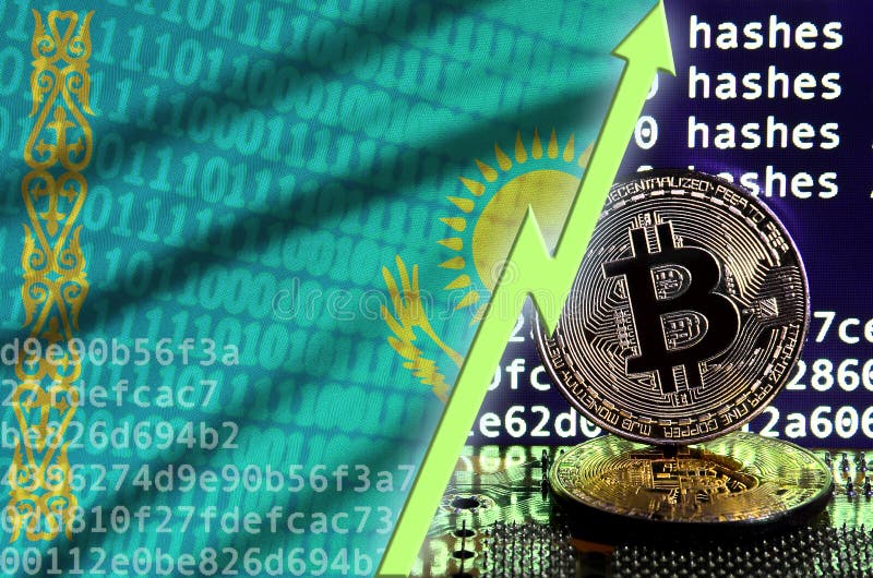 Kazachstan flaga i wydźwignięcie zielona strzała na bitcoin kopalnictwa ekranie i dwa fizycznych złotych bitcoins ilustracji