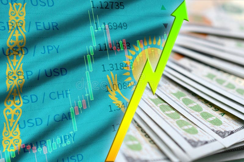 Kazachstan mapy i flagi dolara amerykańskiego narastająca pozycja z fan dolarowi rachunki ilustracja wektor