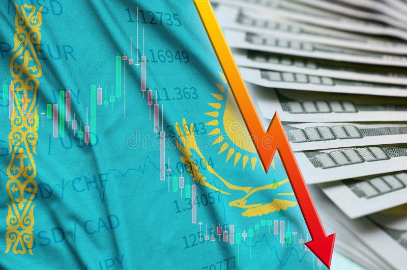 Kazachstan mapy i flagi dolara amerykańskiego spada pozycja z fan dolarowi rachunki royalty ilustracja