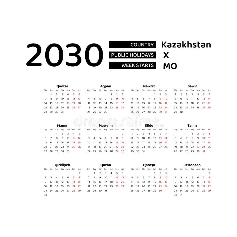 Kazakhstan Calendar 2025. Week Starts from Monday. Vector Graphic Design Stock Vector