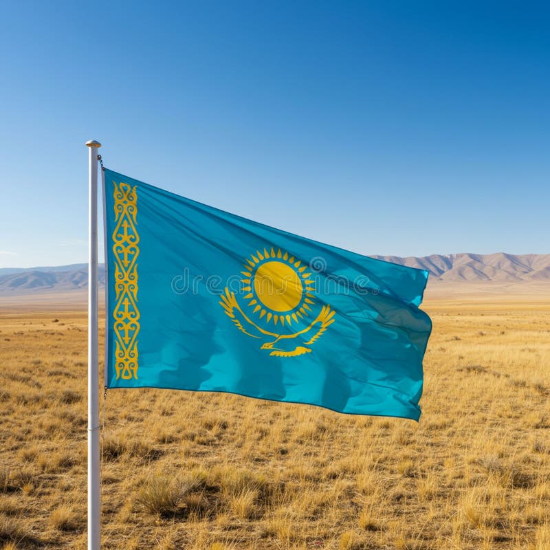 Kazakhstan S Flag, Featuring a Golden Steppe Eagle Below a Sun