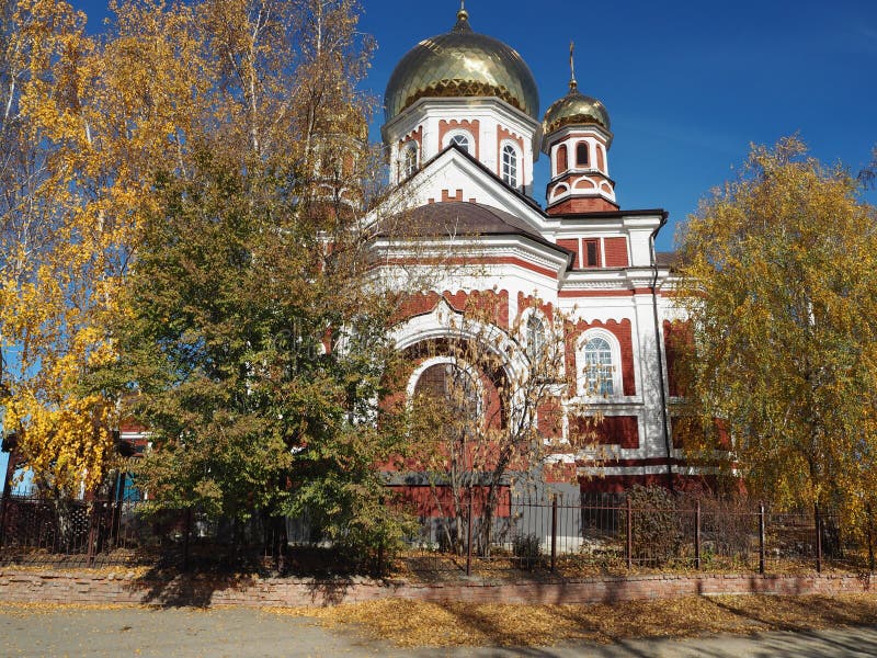 Kazan Orthodox Church in the ancient city of Petrovsk in Russia under the clear blue sky.Autumn view