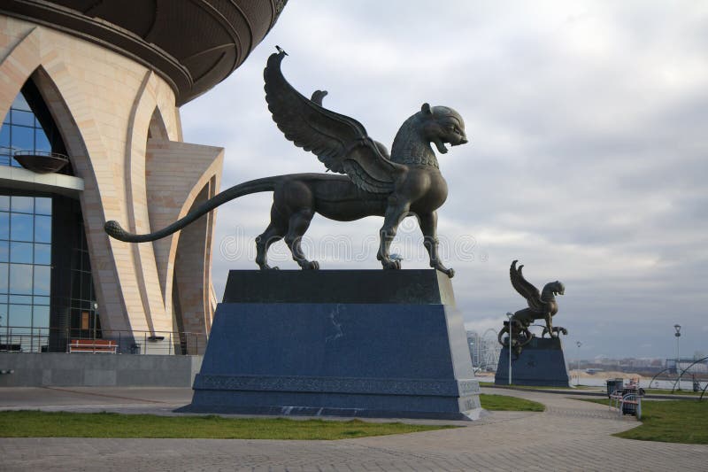 Kazan, Russia - October 25, 2016: Statue of winged Barses - symbols of Republic of Tatarstan near Central Wedding Palace.